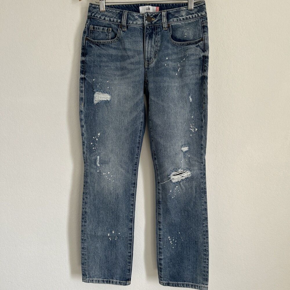 Cabi 100% BF Boyfriend Jeans Distressed Denim Bleach Spatter Style# 5884 Sz 0